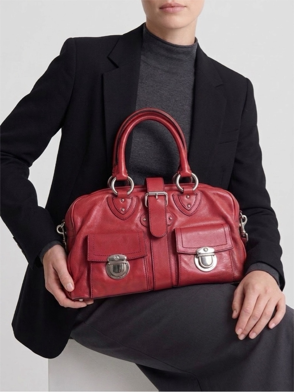 Marc Jacobs Red Leather Satchel with Silver Hardware